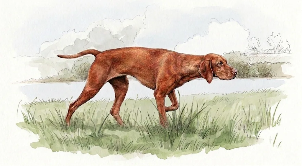 A vizsla on point in open grassland, shown in profile
